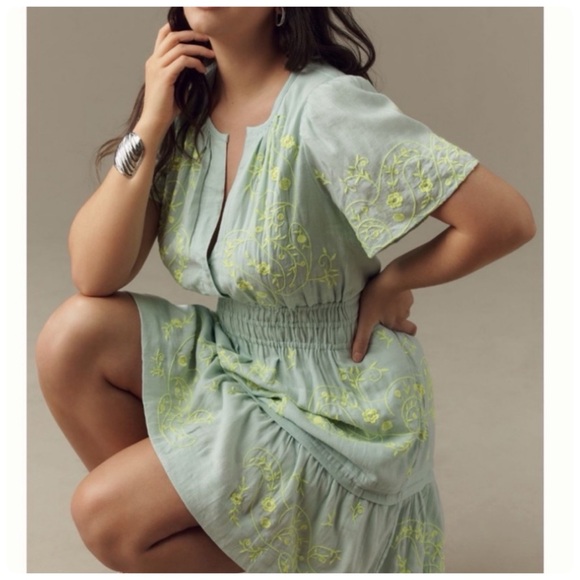 NWT Anthropologie The Somerset Embroidered Mini Dress: Linen Edition XL - Picture 6 of 13